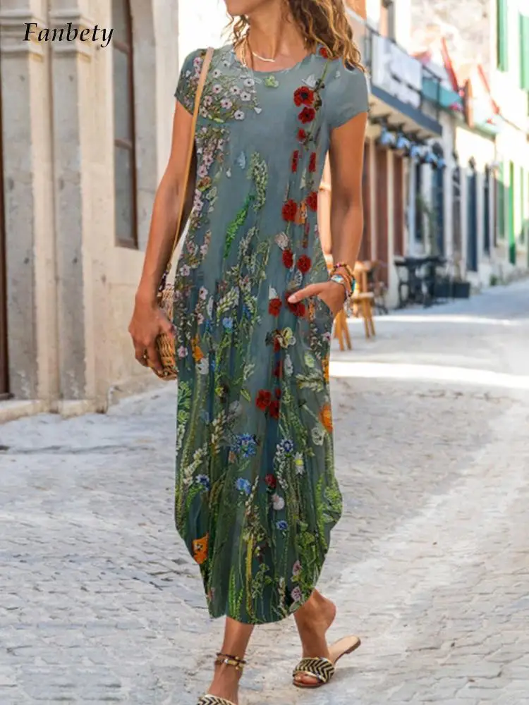 Harajuku Printed Loose Long Dress Women Elegant O-Neck Short Sleeve Pullover Dresses Female Casual Summer Dress Commute Vestidos 
Harajuku Printed Loose Long Dress Women Elegant O-Neck Short Sleeve Pullover Dresses Female Casual Summer Dress Commute Vestidos