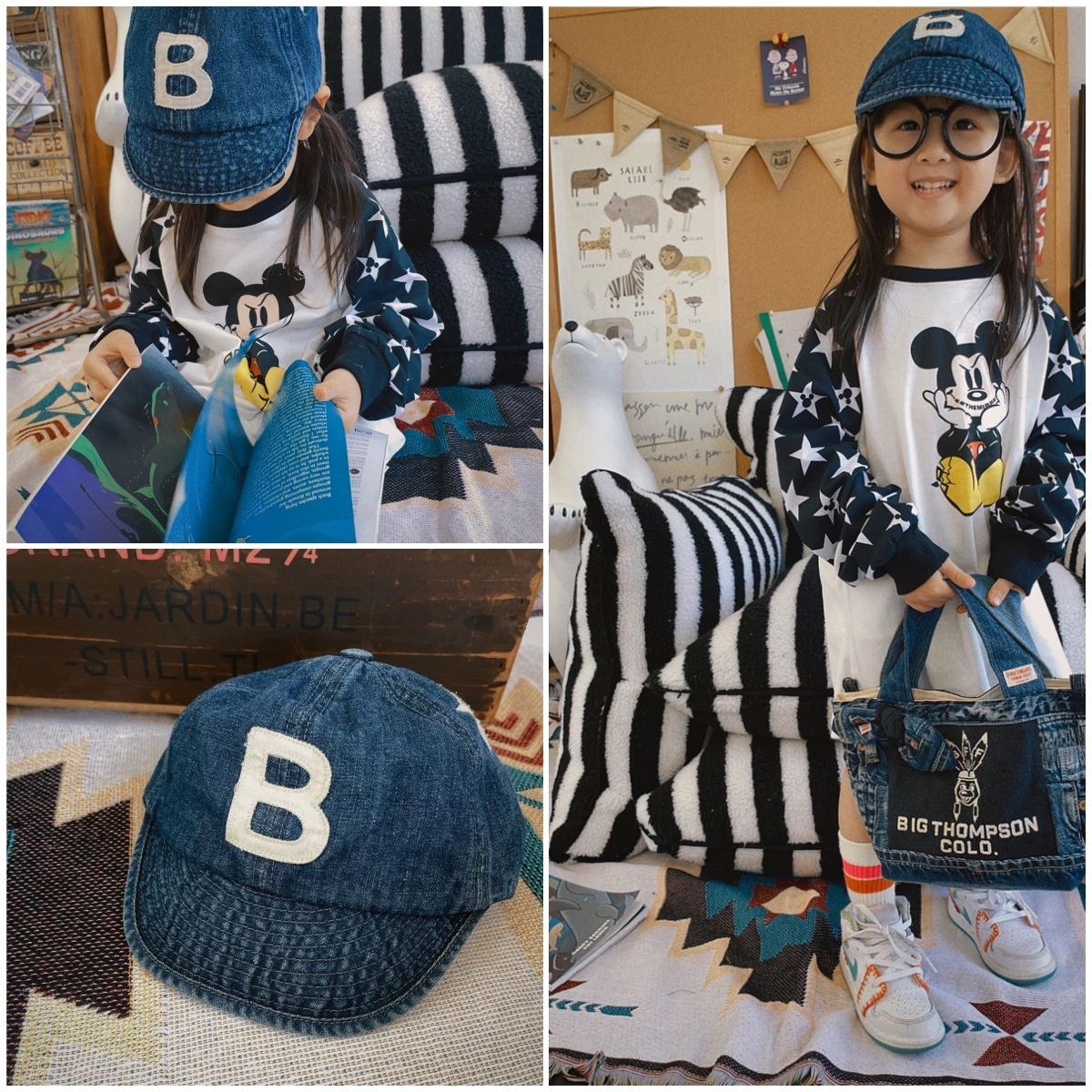 

Girls Tshirts Kids Long Sleeve Girls Tops Denim B Hat Japanese DD Brand O-Neck Tee Children's Clothing
