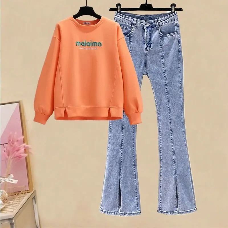 

Age Reducing Set Women's Spring Autumn New Embroidered Round Neck Sweater Slim Fit Flare Slit Denim Two Piece Set For Women