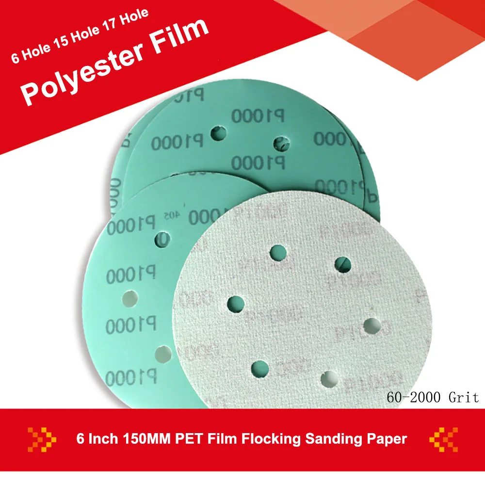 6 Inch 6-17 Hole PET Film Hook Loop Flocking Dry Wet Sandpaper Disc 60-2000 Grit Polyester Film Self-adhesive Sanding Paper 
6 Inch 6-17 Hole PET Film Hook Loop Flocking Dry Wet Sandpaper Disc 60-2000 Grit Polyester Film Self-adhesive Sanding Paper