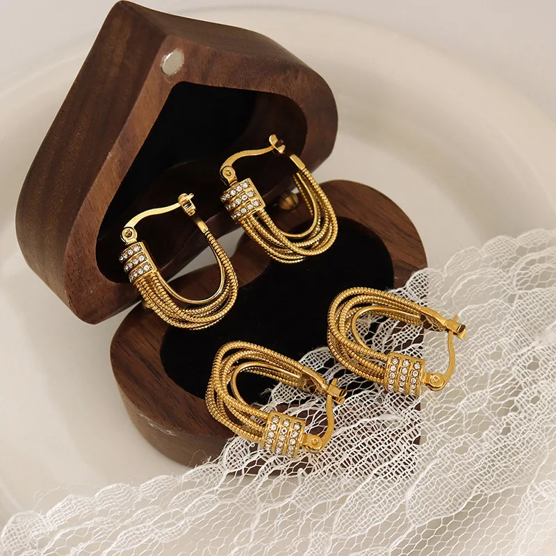 

Amaiyllis 18K Gold U-Shaped Chain Zircon Inlaid Earrings Niche Ear Buckle Jewelry Multilayer Zircon Sparkling Stud Earrings