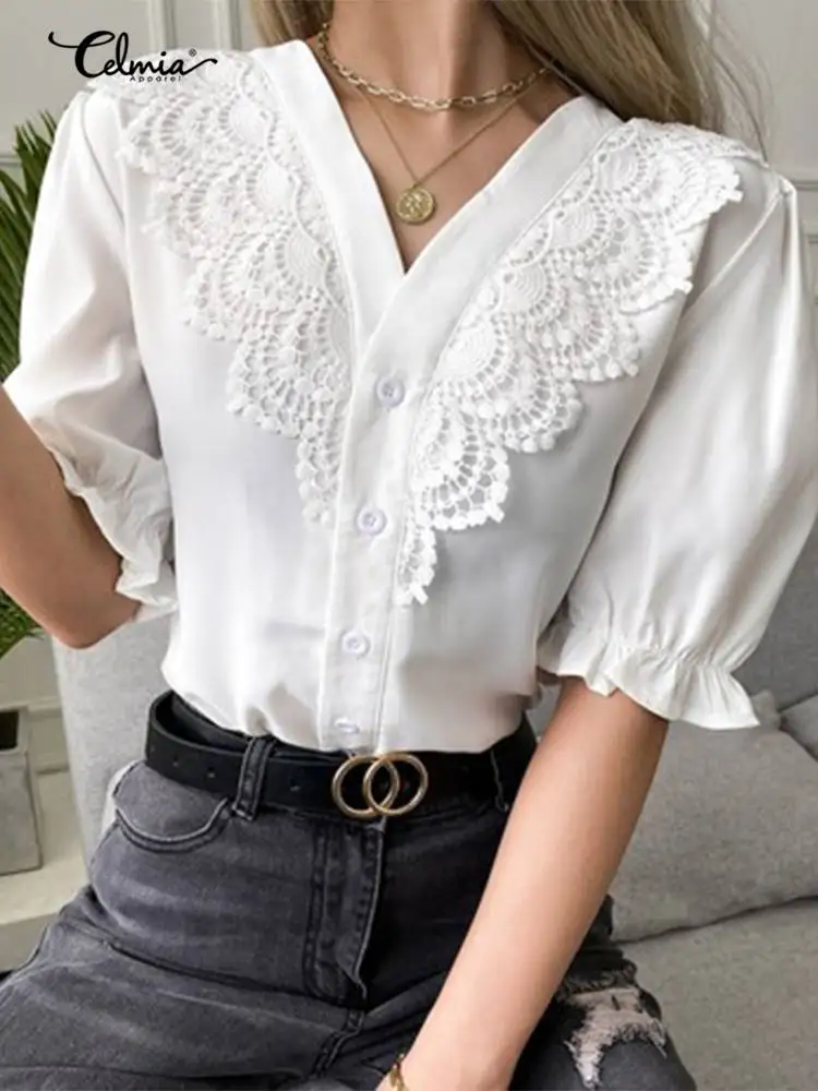 Elegant Short Puff Sleeve Shirts Celmia Fashion Women Blouses Summer Lace Stitching V Neck Casual Solid Color Workplace Chemise
Elegant Short Puff Sleeve Shirts Celmia Fashion Women Blouses Summer Lace Stitching V Neck Casual Solid Color Workplace Chemise