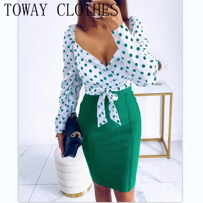 Dress For Women 2022 Polkadot Print Tie Front Top & Midi Skirt Set Vestidos Elegantes Para Mujer 
Dress For Women 2022 Polkadot Print Tie Front Top & Midi Skirt Set Vestidos Elegantes Para Mujer