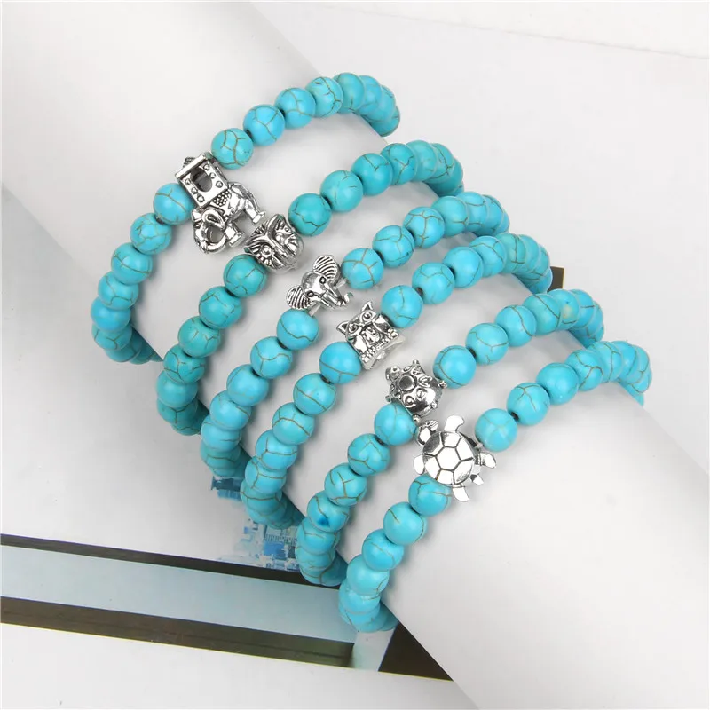 

Blue Turquoise Stone Beads Bracelet Turtle Owl Elephant Shape Charm Bracelets For Couple Friendship Hand Jewelry Bracelets Gifts