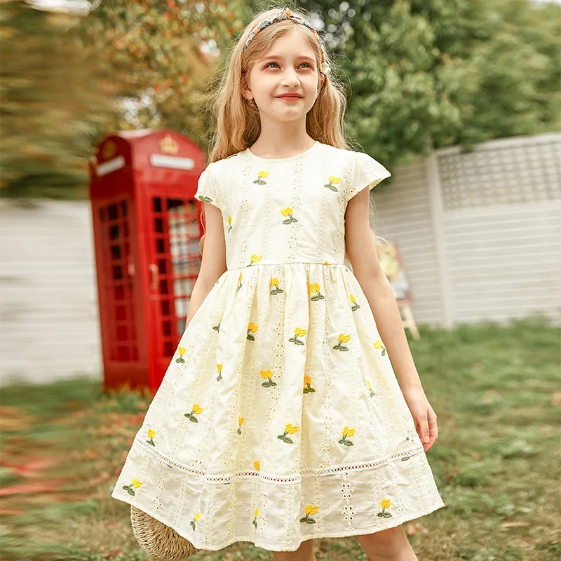 

Embroidery Teen Kids Girls Floral Dress Cotton Children Summer Dress with Ling Fly Sleeve Baby Clothes 2022 New A094