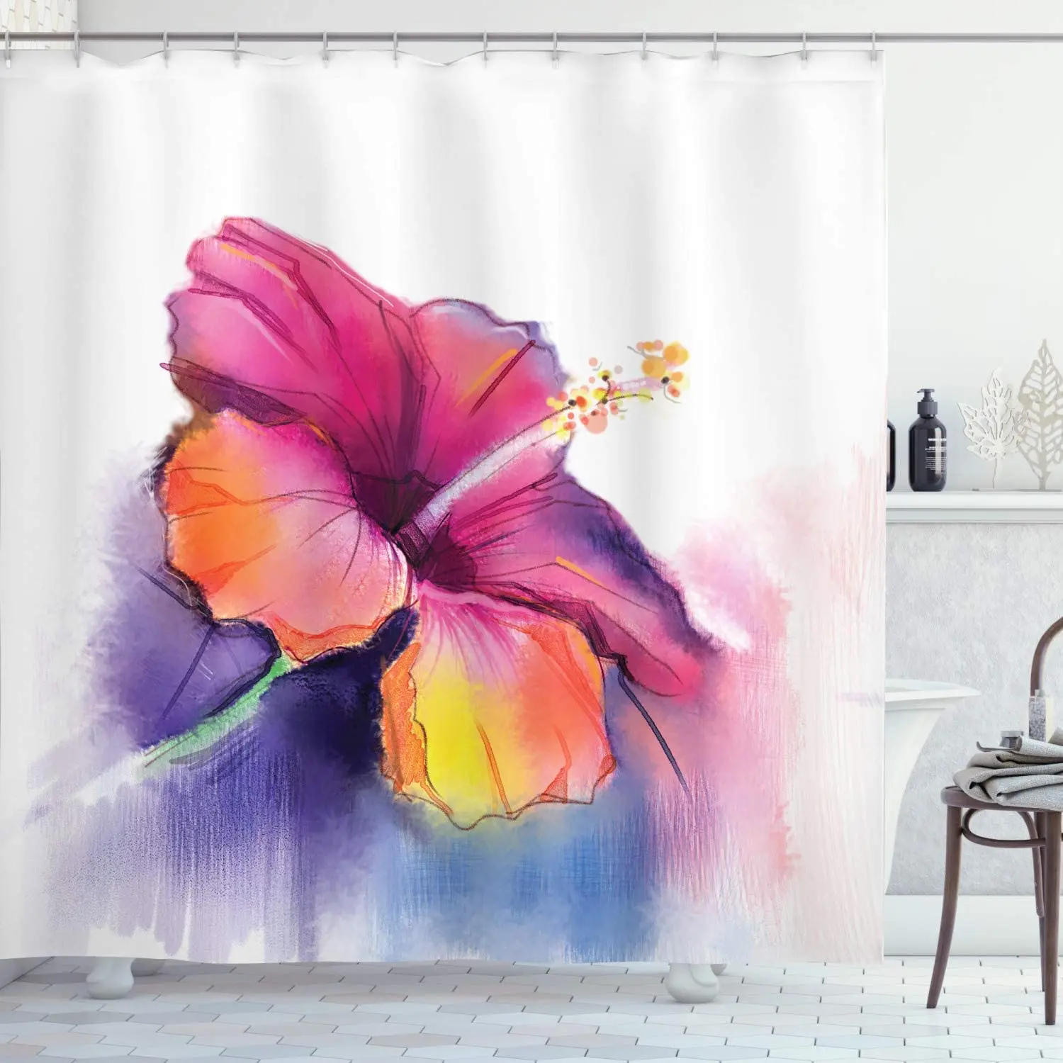 

Flower Shower Curtain, Hibiscus Flower in Pastel Abstract Colorful Romantic Petal Pattern Artwork Print, Cloth Fabric