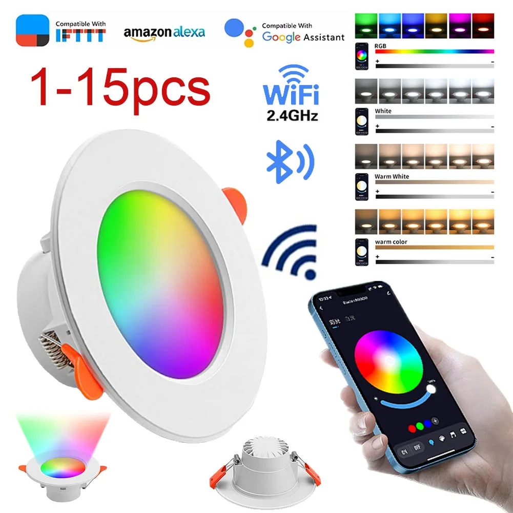 

1-15pcs LED Downlight Smart Life Dimming Spot Bluetooth Lamp 10W RGB+CW+WW Change Warm Smart Lamp Work with Alexa Google Home