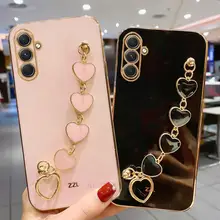 Luxury Plating Love Heart Bracelet Case For Samsung Galaxy A14 A54 A34 A24 4G 5G Wrist Band Chain Square Cover On A 14 54 34 24