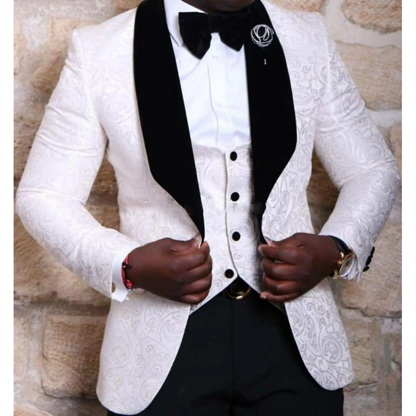 

New Arrivals One Button White Groom Tuxedos Shawl Lapel Groomsmen Best Man Suits Mens Wedding Suits (Jacket+Pants+Vest+Tie)