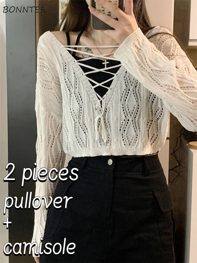 Pullovers Sets Women Design Tender Fashion Retro Bandage All-match Sun-proof Spring Camisole Leisure Hollow Out Ulzzang Ladies 
Pullovers Sets Women Design Tender Fashion Retro Bandage All-match Sun-proof Spring Camisole Leisure Hollow Out Ulzzang Ladies