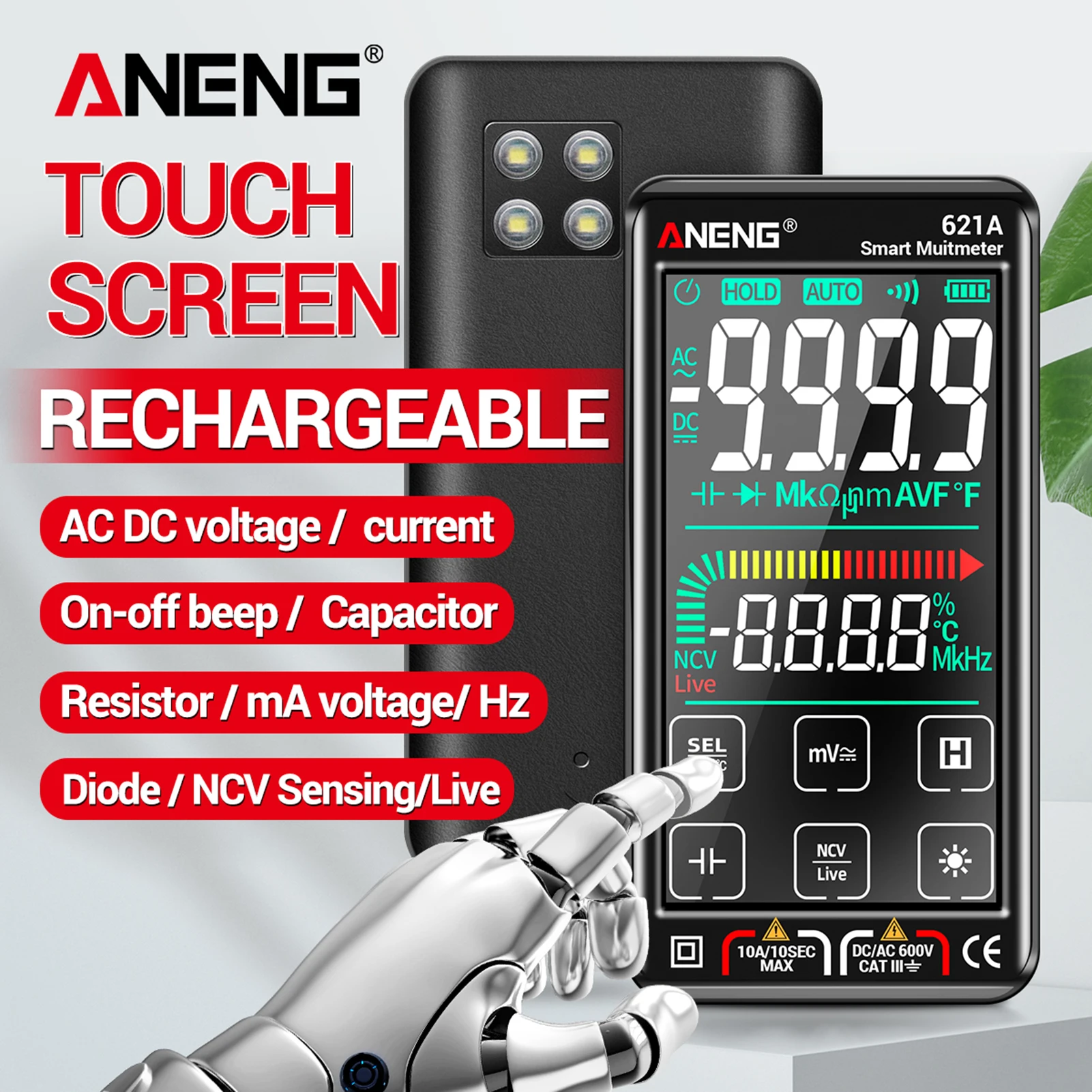 ANENG 621A интеллектуальный цифровой мультиметр с сенсорным экраном 9999 отсчетов Автоматический диапазон перезаряжаемый NCV Универсальный измер...
ANENG 621A интеллектуальный цифровой мультиметр с сенсорным экраном 9999 отсчетов Автоматический диапазон перезаряжаемый NCV Универсальный измер...
