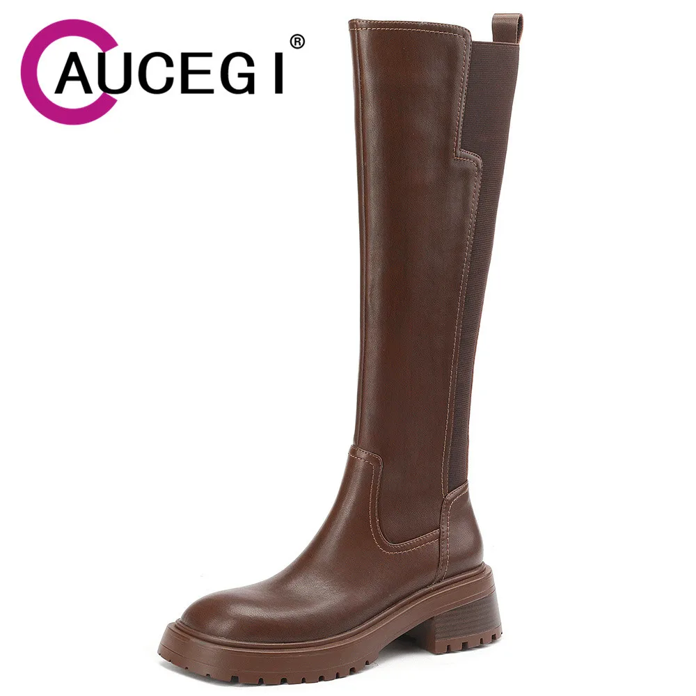 

Aucegi Top Quality Leather Women Autumn Winter Back Zipper Party Basic Shoes Thick Bottom Sewing Riding Round Toe Knee High Boot