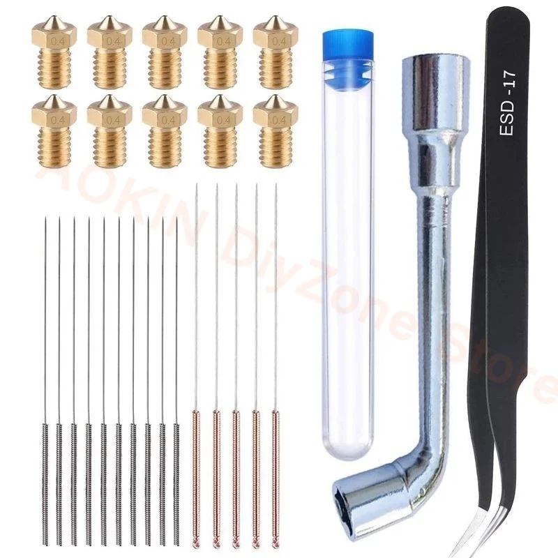 

3D Printer M6 Brass Extruder Cleaning Kit 10pcs V6 V5 0.4mm Nozzles, 15Pcs Needles, Spanner with Tweezer Tools for E3D Makerbot