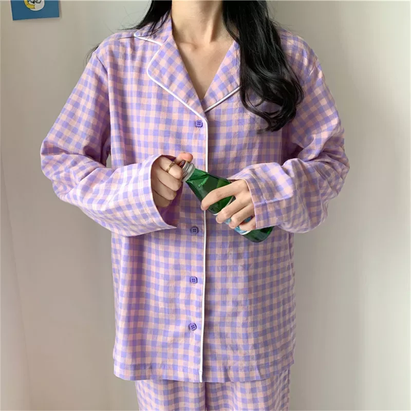2022 Korean Purple Grid Girls Pajamas Set Cute Long Sleeve Leisure Sleepwear For Women Loose Nightwear Homewear Autumn Suit
2022 Korean Purple Grid Girls Pajamas Set Cute Long Sleeve Leisure Sleepwear For Women Loose Nightwear Homewear Autumn Suit