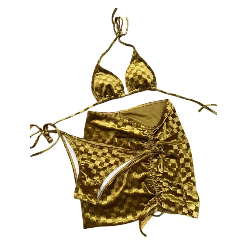 2023 Pareo Beach Summer Suit For Women Velvet Swimsuit Olive Green Checkerboard Printed Swimsuit Three-Piece With Skirt
2023 Pareo Beach Summer Suit For Women Velvet Swimsuit Olive Green Checkerboard Printed Swimsuit Three-Piece With Skirt