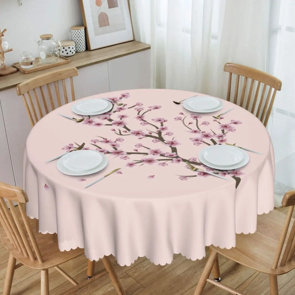 

Blooming Sakura Branch Tablecloth Round Waterproof Cherry Blossom Japanese Flower Table Cover Cloth for Party 60 inch