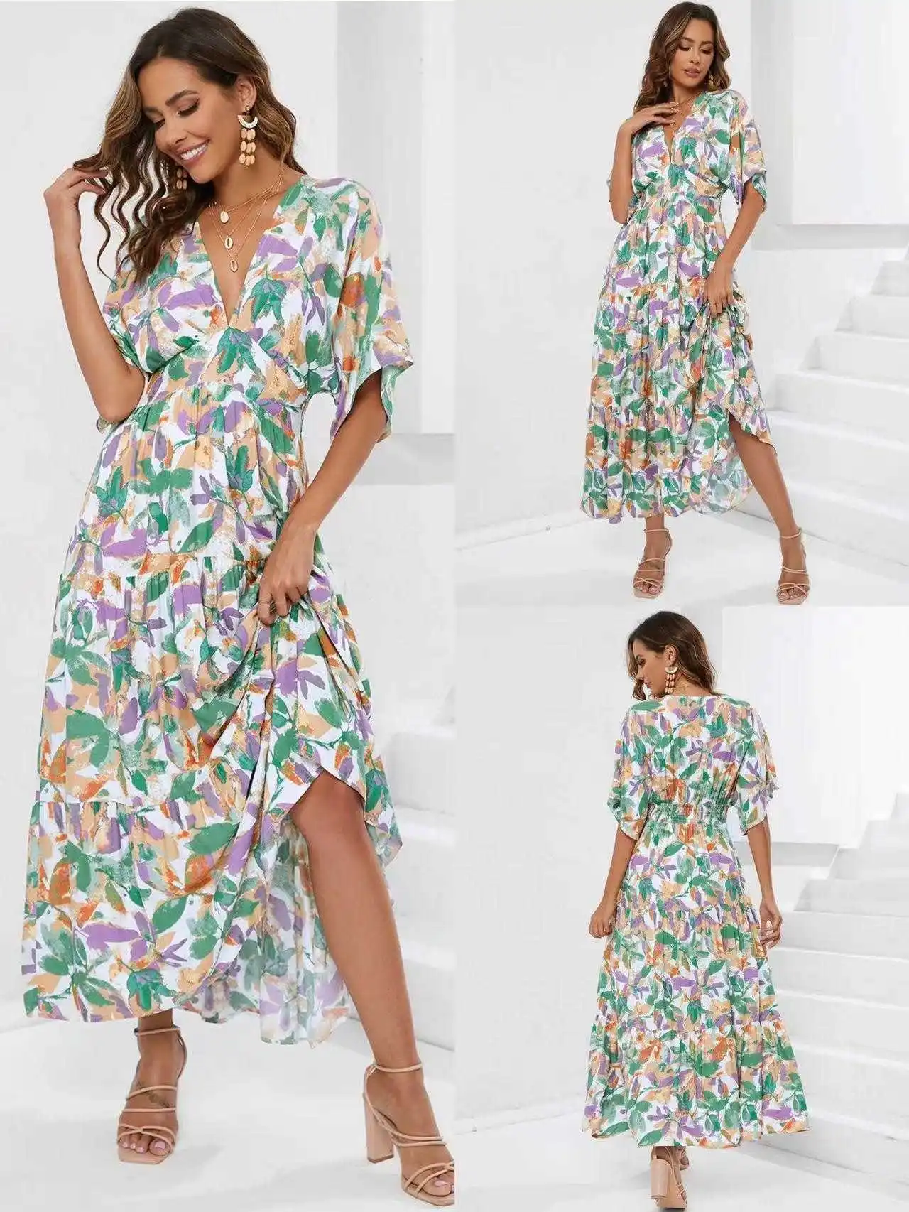 Summer Rayon Printed Dresses Batwing Sleeve Deep V Waist Seaside Beach Vacation Dress For Women
Summer Rayon Printed Dresses Batwing Sleeve Deep V Waist Seaside Beach Vacation Dress For Women