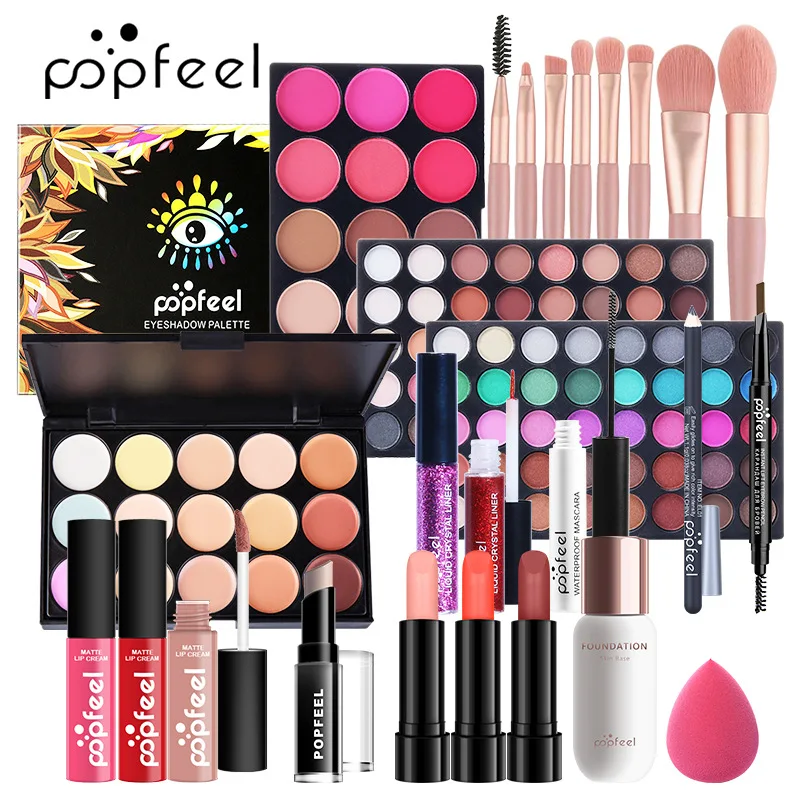 

POPFEEL Eyeshadow Lip Gloss Blush Foundation Lip Stick Lip Glitter Eyeliner Mascara Body Lotion Makeup Tools Set DC08