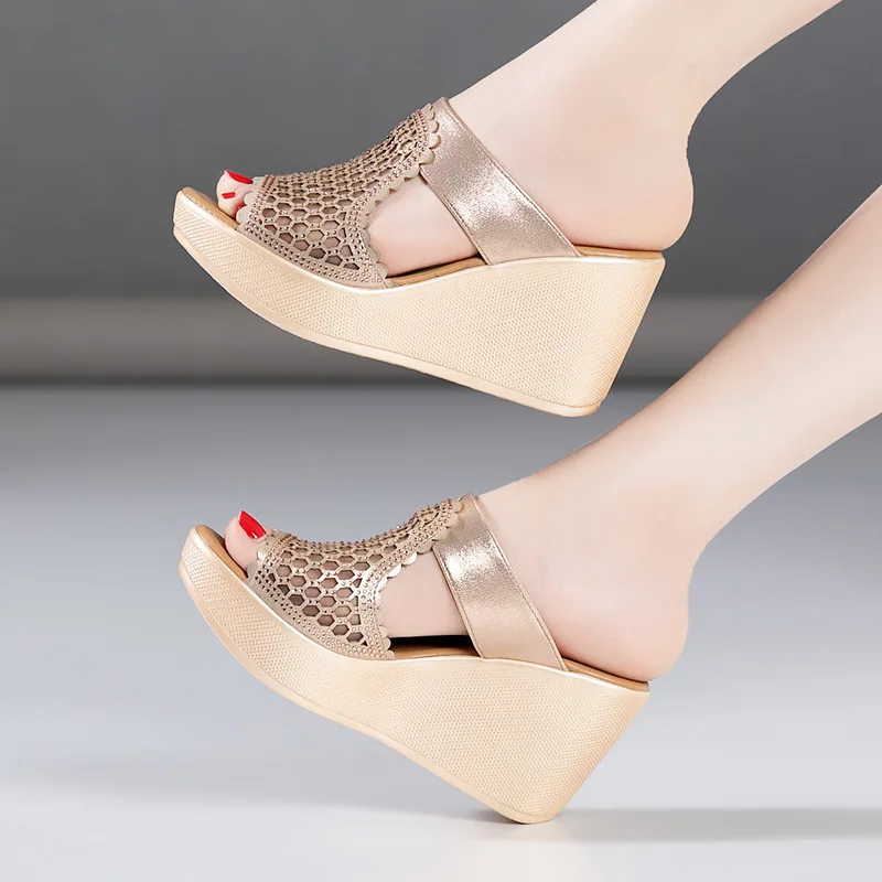 

Small Size 33-43 Cutout Mesh 11cm Extreme High Heels Shoes Wedding Summer Slippers Women 2023 Chunky Platform Wedges Slides