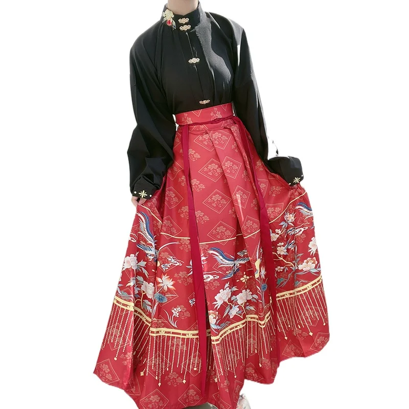 

Китайский женский кардиган Hanfu с воротником-стойкой, рубашка, плиссированная юбка, длинный костюм Хань элемент, характерное универсальное платье-топ для поездок