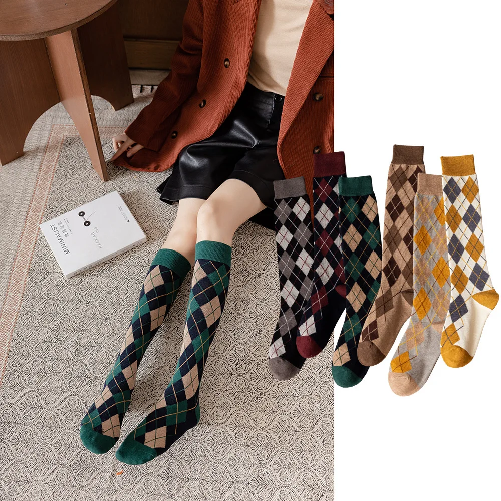 

Носки с бриллиантами, женские носки до середины бедра, носки до колена, хлопковые носки в шотландскую клетку в японском и корейском стиле на осень и зиму