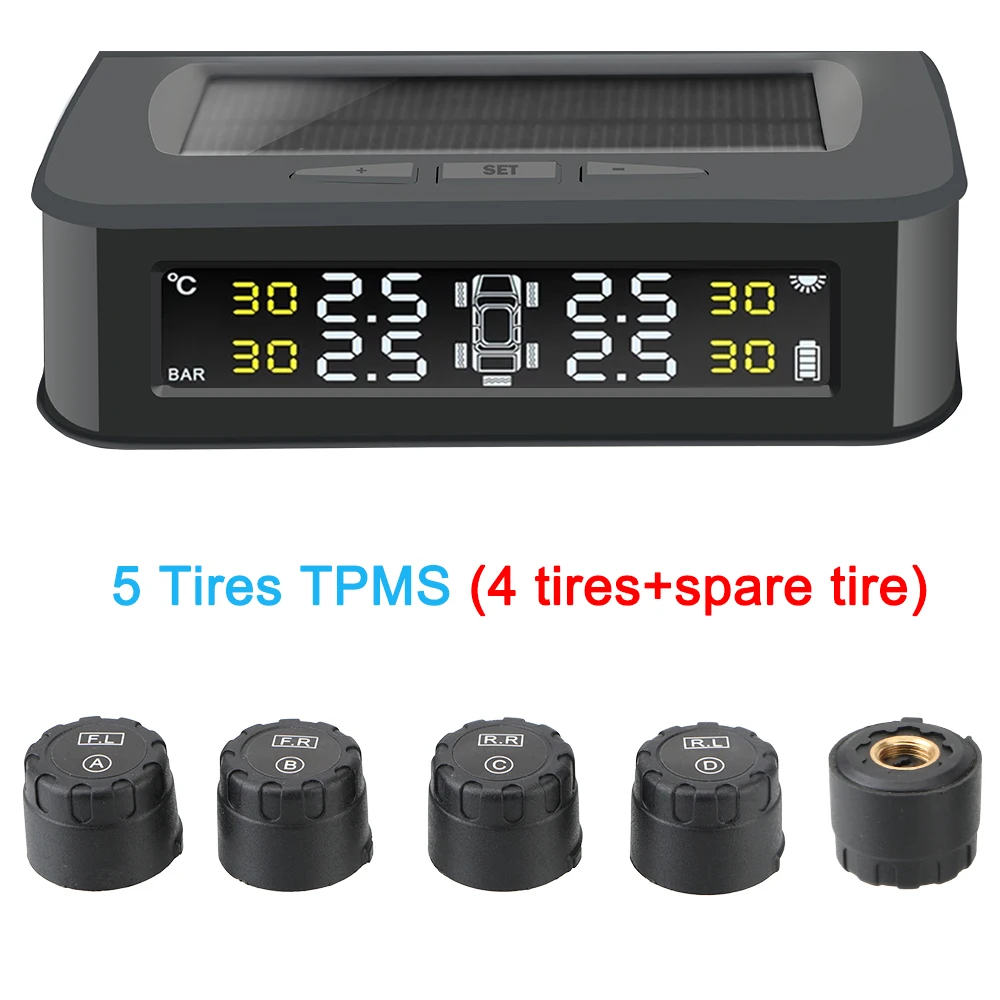5 Tire External sensors Display Pressure Control Warning Car Tire Pressure Alarm Monitor System Solar Charge TPMS Waterproof 
5 Tire External sensors Display Pressure Control Warning Car Tire Pressure Alarm Monitor System Solar Charge TPMS Waterproof