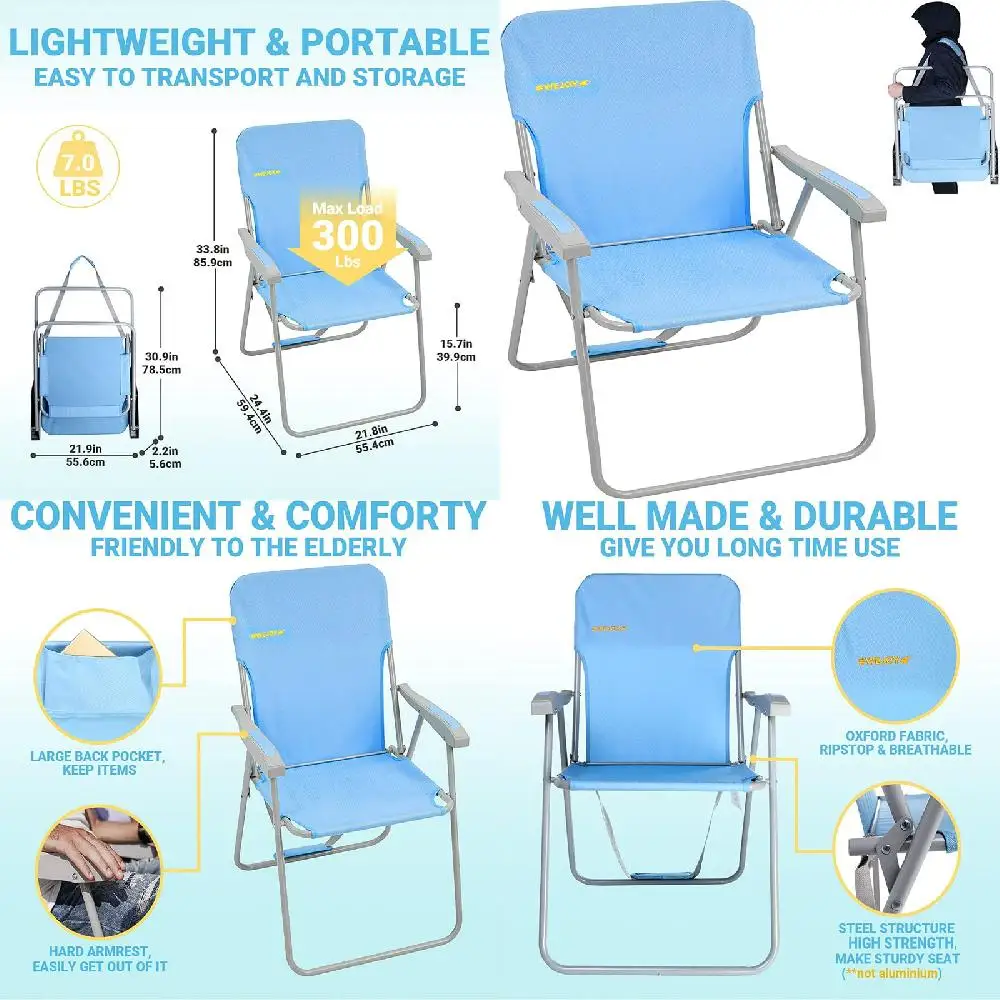 Adults Lightweight Backpackable Blue Portable Outdoor Folding Beach Chairs with Shoulder Strap for Lawn Camping and Festivals.
Adults Lightweight Backpackable Blue Portable Outdoor Folding Beach Chairs with Shoulder Strap for Lawn Camping and Festivals.