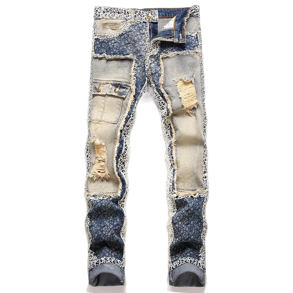 

Men Punk Streetwear Stretch Denim Jeans Spider Web Skinny Tapered Pants Vintage Holes Ripped Distressed Pockets Cargo Trousers