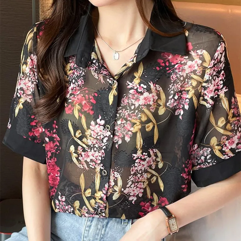 Summer Blouses For Women Fashion 2022 Floral Shirt Short Sleeve Blusa Chic See-through Lapel Button Shirt Women Clothing Top 
Summer Blouses For Women Fashion 2022 Floral Shirt Short Sleeve Blusa Chic See-through Lapel Button Shirt Women Clothing Top