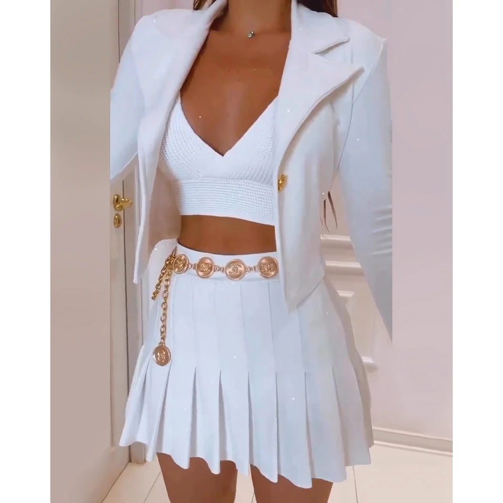 2022 Elegant Lady Solid Two Pieces Set Women Buttoned Long Sleeve Blazer Coat & Chain Decor Pleated Skirt Set Fashion Femme
2022 Elegant Lady Solid Two Pieces Set Women Buttoned Long Sleeve Blazer Coat & Chain Decor Pleated Skirt Set Fashion Femme