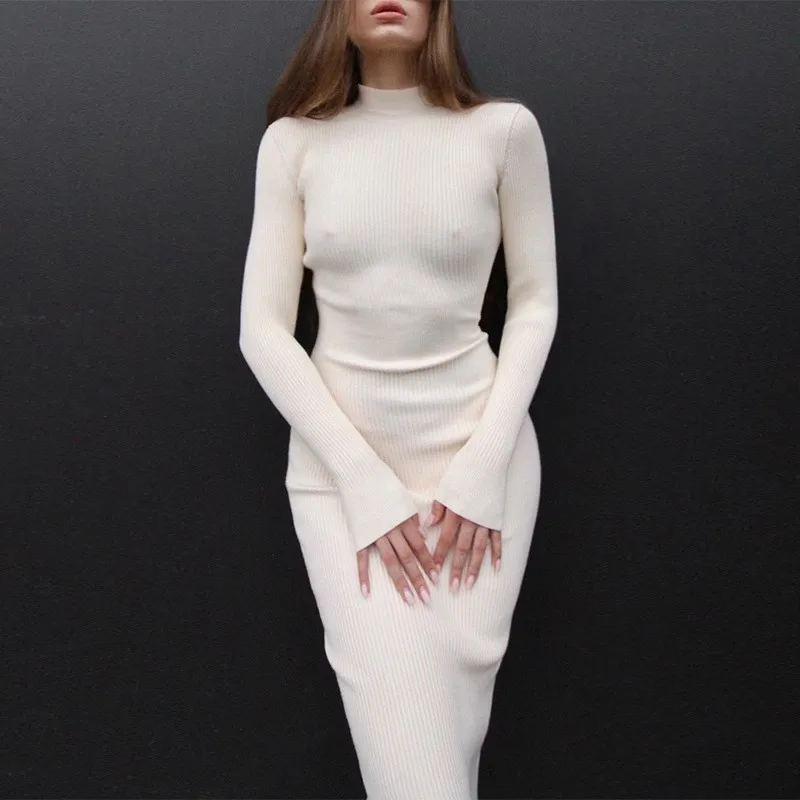 

Женское трикотажное платье-свитер с высоким воротником, белое элегантное однотонное облегающее повседневное осеннее короткое/длинное платье с длинным рукавом