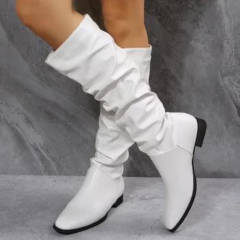 2022 Winter New Long Knee High Boots Fashion Pointed Toe Square Heel Casual Women Shoes Retro Female Knight Boots Botas De Mujer