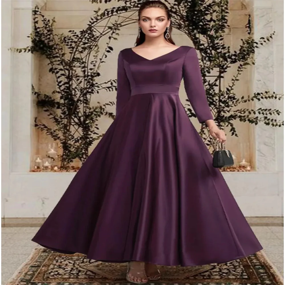 A-Line Mother of the Bride Dress Plus Size Elegant V Neck Ankle Length Satin Long Sleeve with Pleats Solid Color
A-Line Mother of the Bride Dress Plus Size Elegant V Neck Ankle Length Satin Long Sleeve with Pleats Solid Color