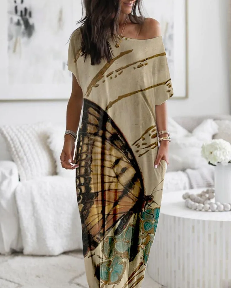 Платье-макси с принтом бабочек, повседневное Длинное свободное платье с карманами, с воротником-лодочкой, уличная одежда в стиле бохо, весна-лето 
Платье-макси с принтом бабочек, повседневное Длинное свободное платье с карманами, с воротником-лодочкой, уличная одежда в стиле бохо, весна-лето