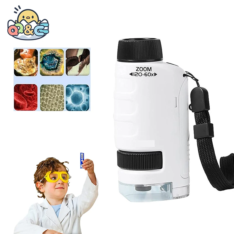 

Kids Toys Science Experiment Pocket Microscope Kits 60-120x Educational Toy Gifts Mini Handheld Microscope Light Children STEM