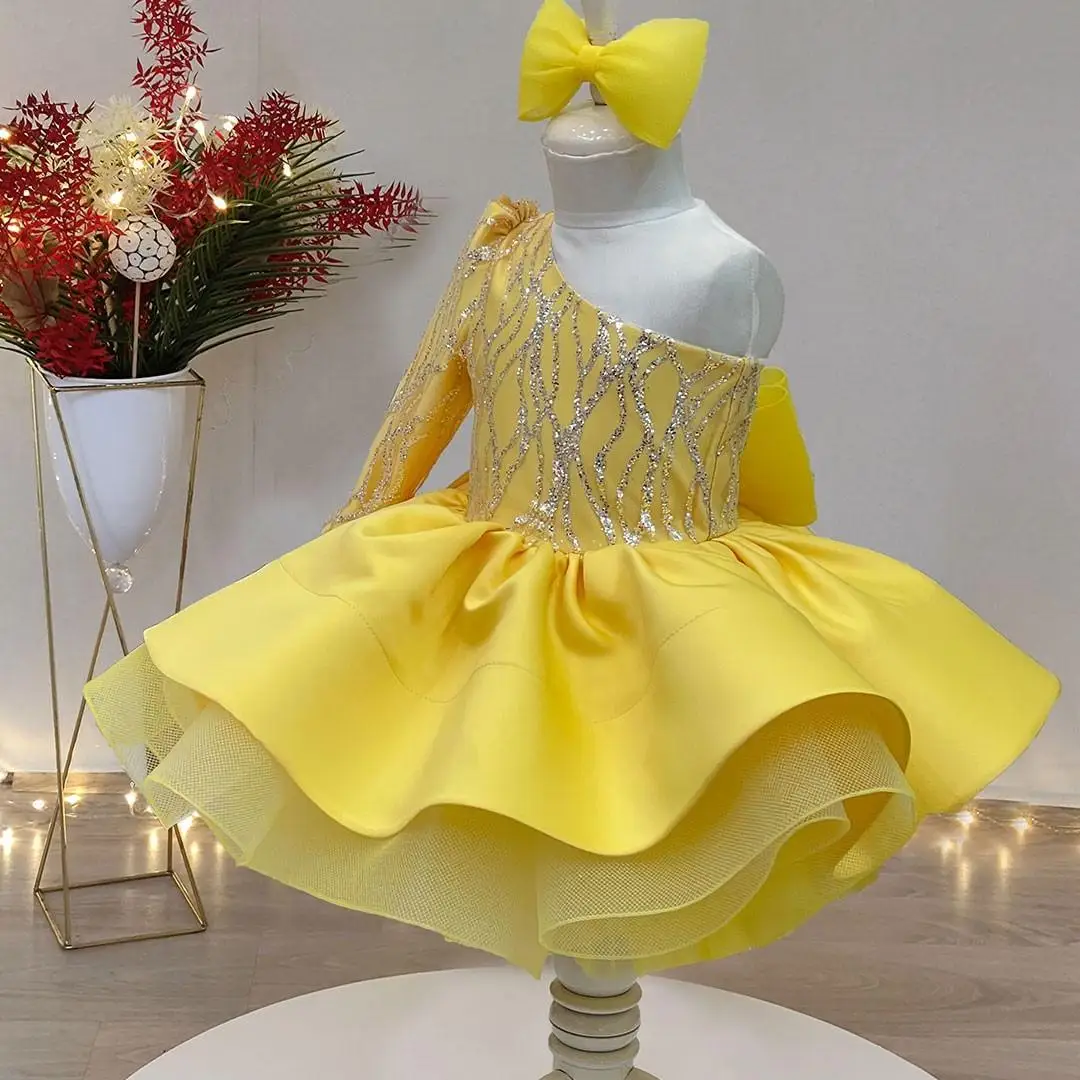 

Yellow Flower Girl Tutu Dress 2022 Long Sleeve One Shoulder Princess Baby Girls Pageant Gowns Puffy First Communion Birthday For