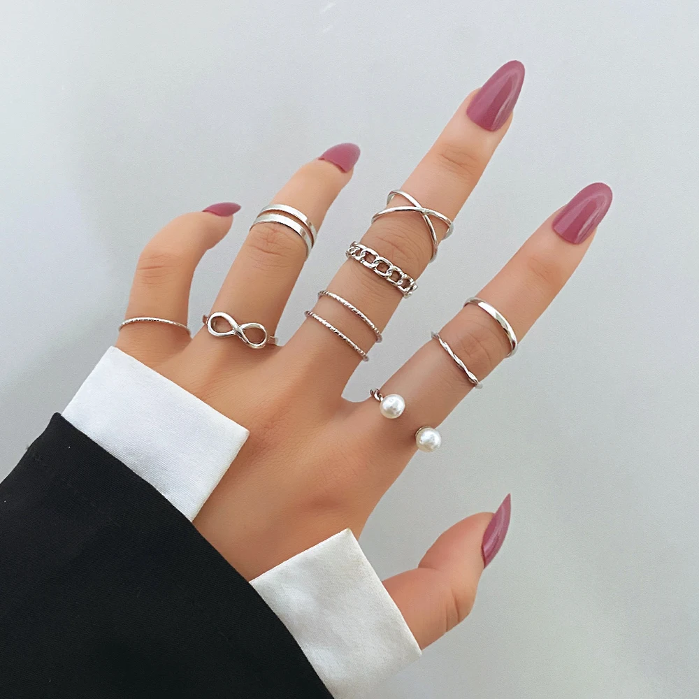 

9pcs Punk Gold Wide Chain Rings Set For Women Girls Fashion Irregular Finger Thin Rings Gift 2022 Female Knuckle Jewelry Party