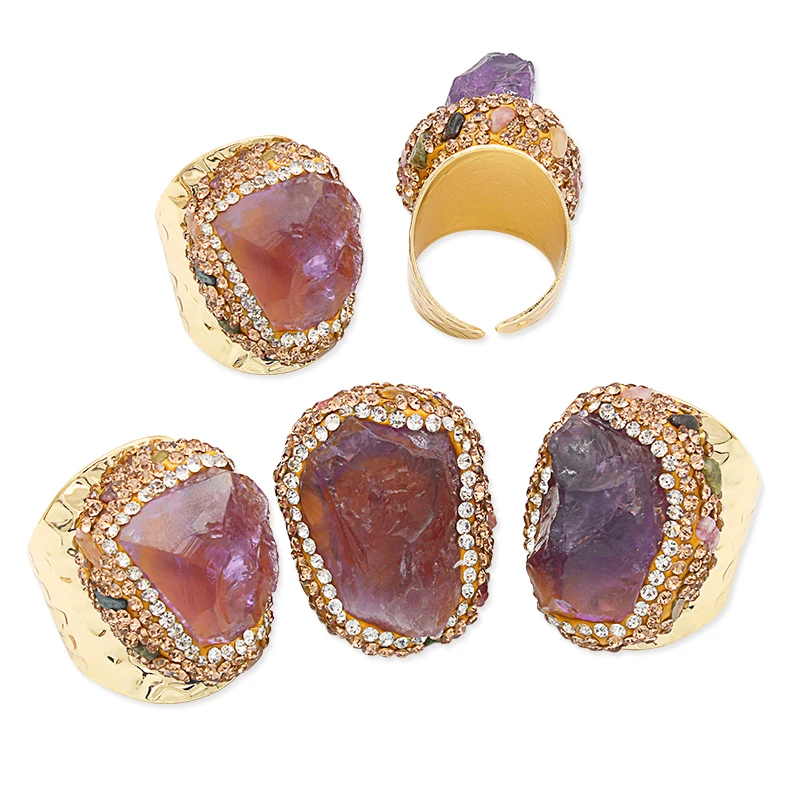 

Micro Inlay Amethyst Open Ring for Women Gold-color Handmade Irregular Crystal Boho Finger Jewelry Resizable with Tourmaline