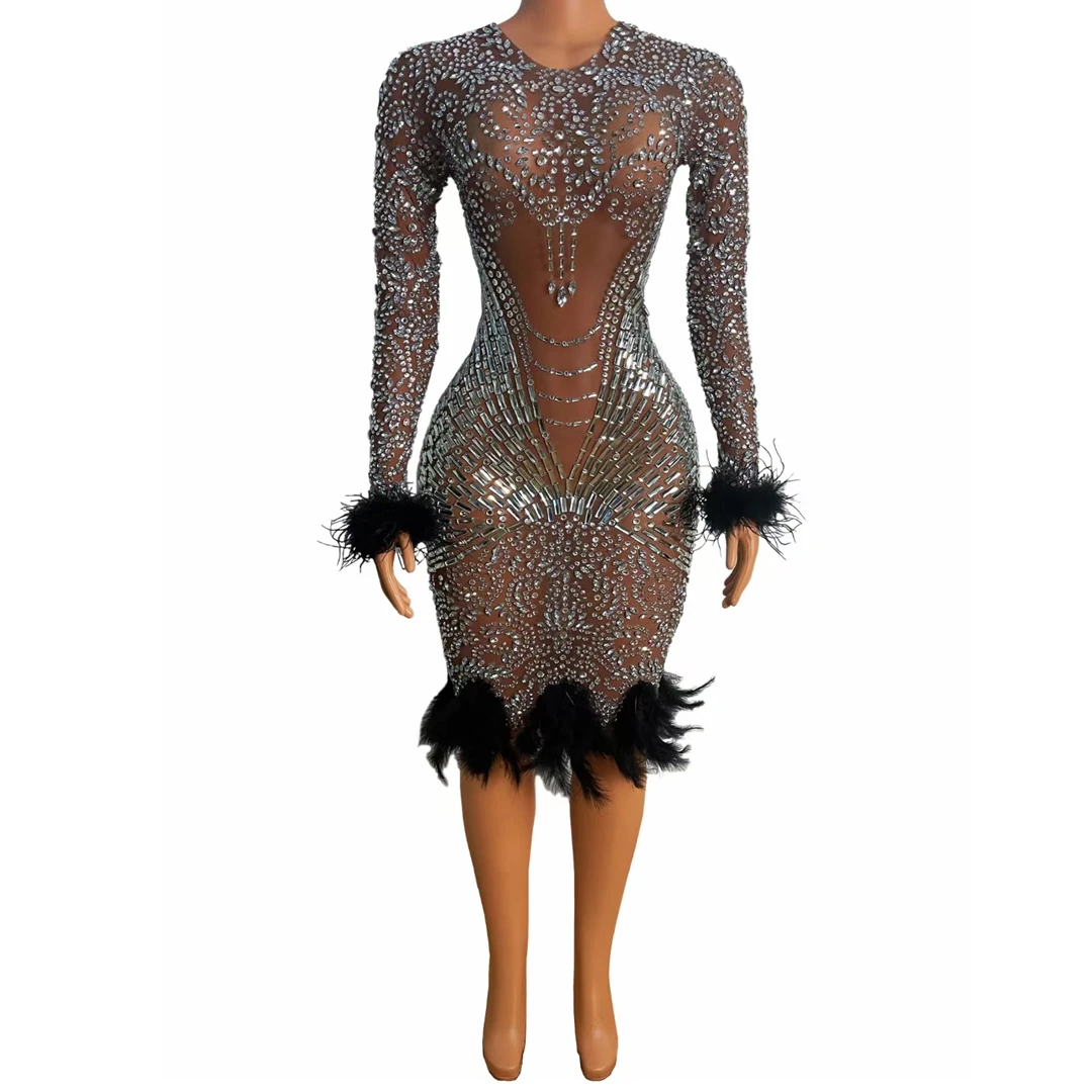 

Fashion Black Feather Dress Silver Crystals Evening Birthday Celebrate Dress Women Stretch Outfit Collection Dancer Costume