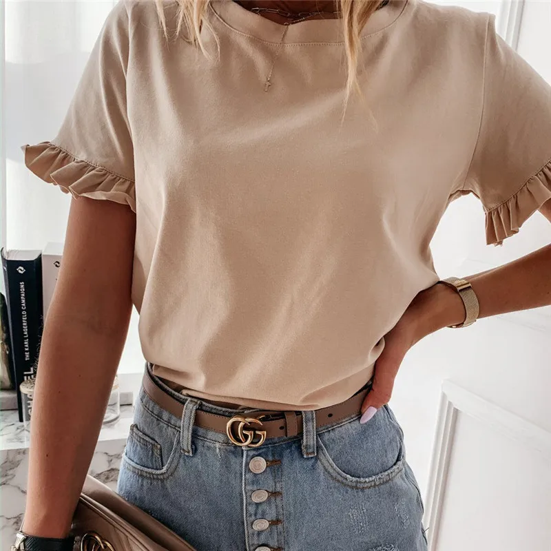 Summer Top Office Lady Tee Shirt Femme Short Sleeve Casual Plain Women OL T Shirt Ruffles Loose Ladies tshirt Dames Streetwear
Summer Top Office Lady Tee Shirt Femme Short Sleeve Casual Plain Women OL T Shirt Ruffles Loose Ladies tshirt Dames Streetwear