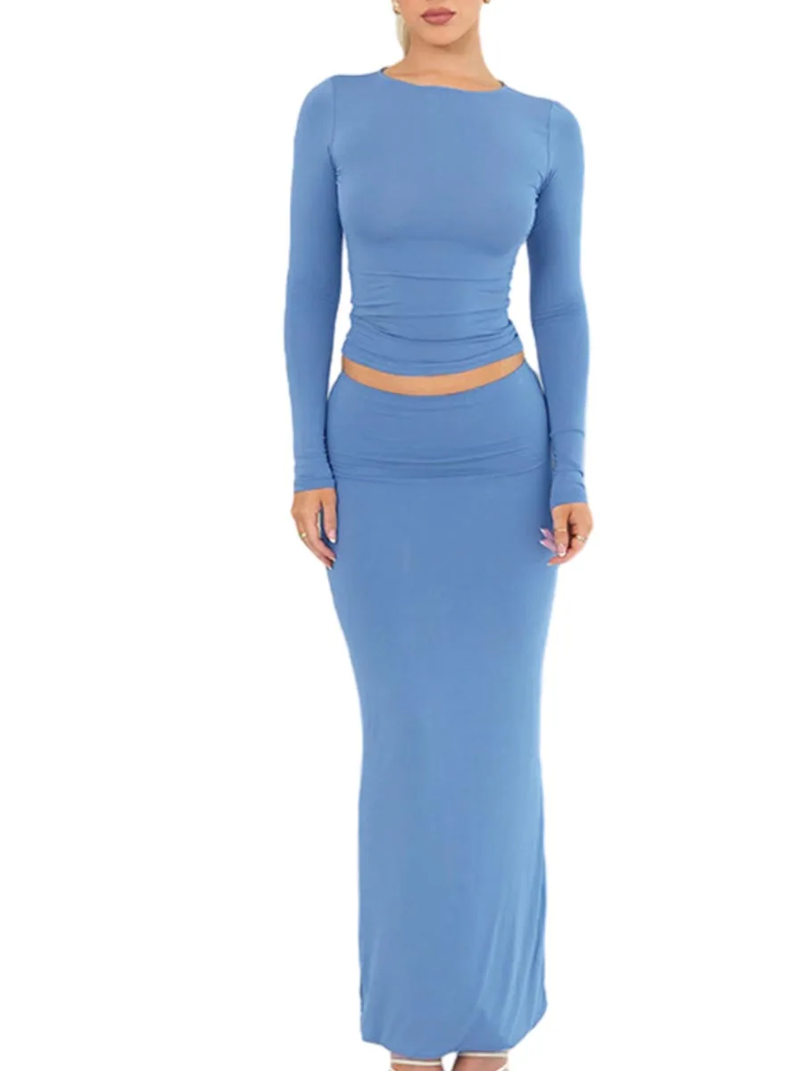 Women Fall Skirts Outfits Solid Color Crew Neck Long Sleeve T-Shirts Tops Packaged Hip Long Skirts 2 Pieces Clothes Sets
Women Fall Skirts Outfits Solid Color Crew Neck Long Sleeve T-Shirts Tops Packaged Hip Long Skirts 2 Pieces Clothes Sets
