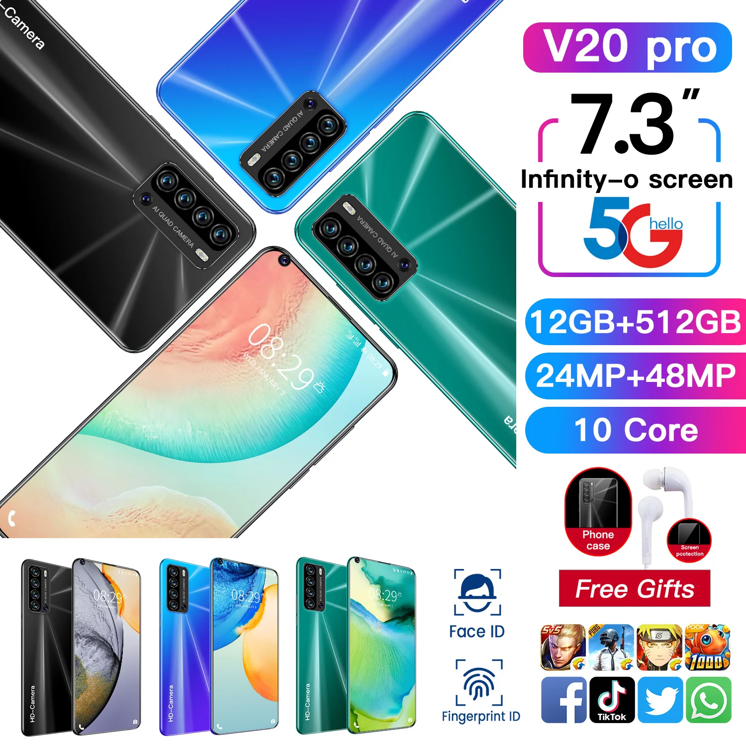 Smartphone V20 Pro 7.3 Inch 12GB 512GB 5600mAh Android 10 4G 5G Global Version Celular Smart Cell Mobile Hand Phone Sma
Smartphone V20 Pro 7.3 Inch 12GB 512GB 5600mAh Android 10 4G 5G Global Version Celular Smart Cell Mobile Hand Phone Sma
