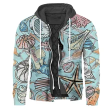 HX Winter Jackets for Men Marine Life Star Fish Pocket 3D Printed Coat Laminated Cotton Thicken Warm Zip Up Hoodie Mens Clothing