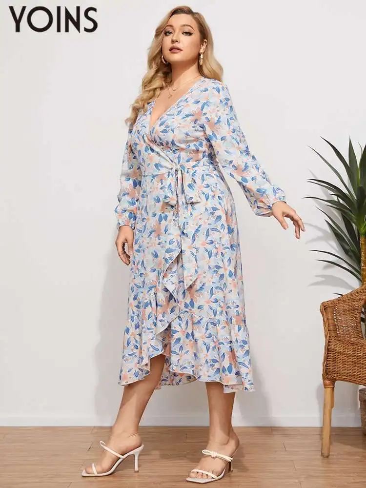 

YOINS Bohemian Long Dress Elegant Women Sexy V Neck Long Sleeve Party Sundress 2022 Autumn Casual Ruffled Wrap Robe Plus Size