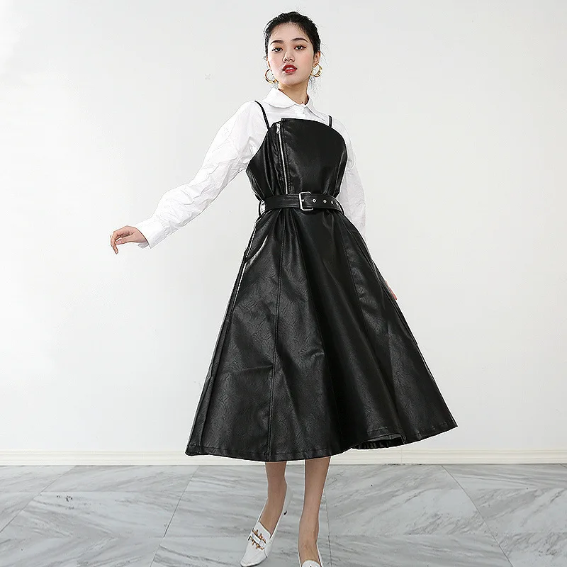 Women Black Pu Leather Long Spaghetti Strap Dress New V-Neck Sleeveless Loose Fit Fashion Tide Spring Autumn
Women Black Pu Leather Long Spaghetti Strap Dress New V-Neck Sleeveless Loose Fit Fashion Tide Spring Autumn