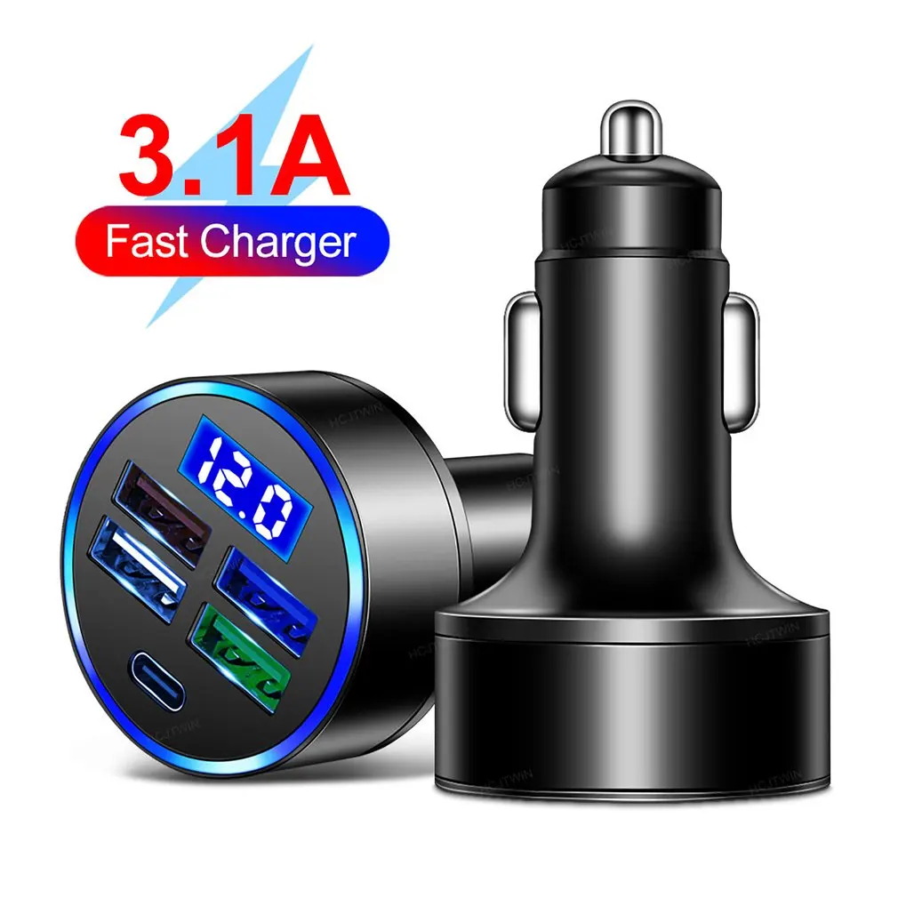 

4USB Car Charger With Type-C Digital Display Black Voltage Monitoring Four Multi-port Fast And Stable Cars Chargers