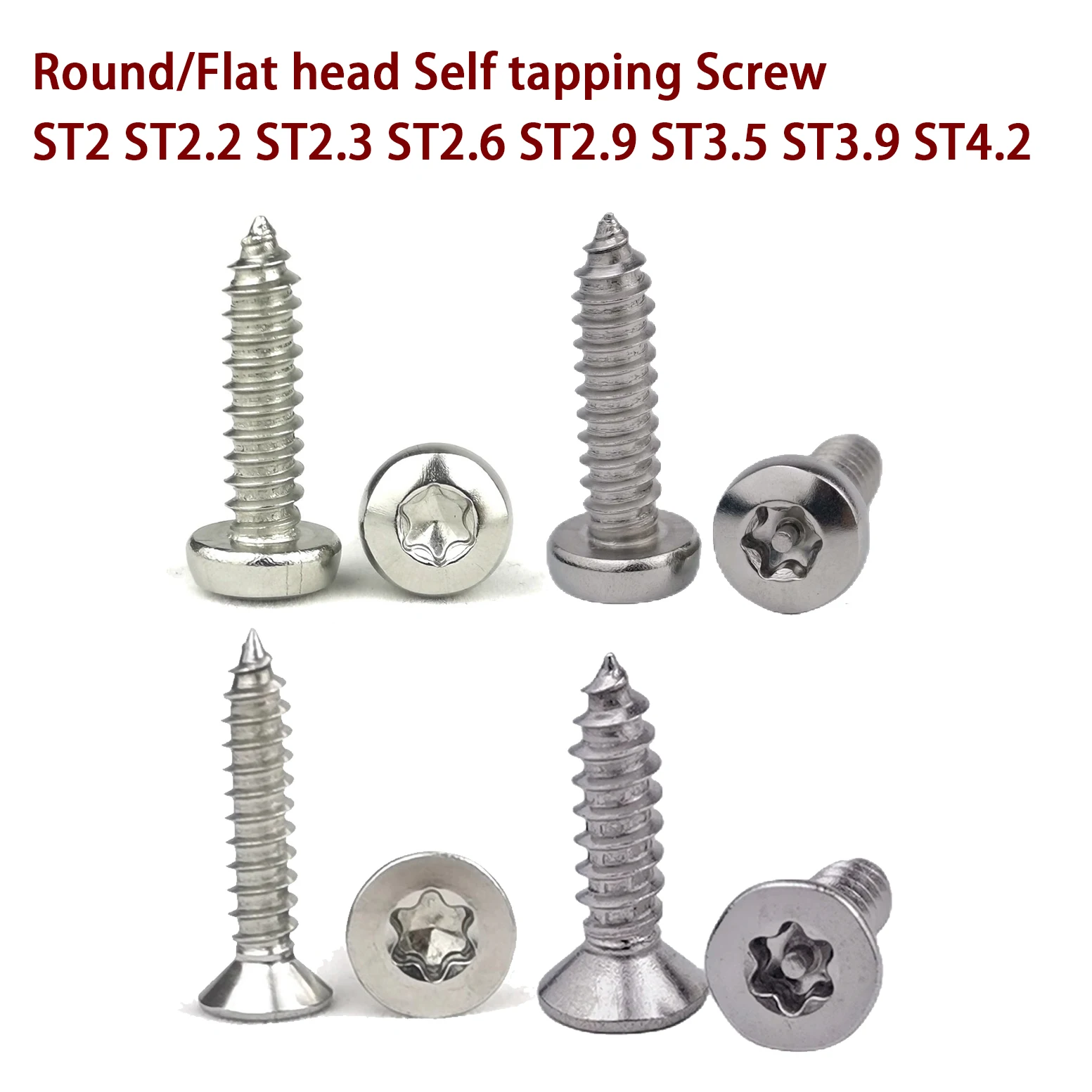 Stainless Steel Torx round Flat head self tapping screw ST2 ST2.2 ST2.3 ST2.6 ST3.5 ST3.9 ST4.2 SUS304 Six-Lobe head
Stainless Steel Torx round Flat head self tapping screw ST2 ST2.2 ST2.3 ST2.6 ST3.5 ST3.9 ST4.2 SUS304 Six-Lobe head
