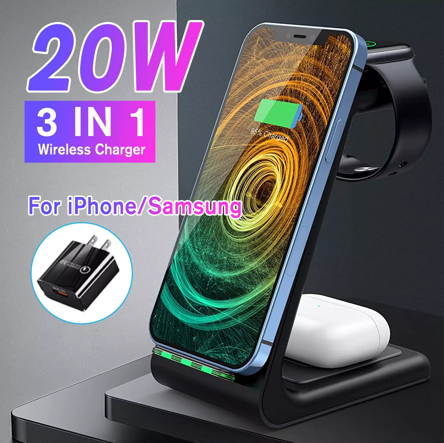 20W Wireless Charging Stand 3 in 1 Wireless Chargers Dock Station for Watch 6 SE 5 4 3 2, Airpods 2/Pro, iPhone 13/13 Pro
20W Wireless Charging Stand 3 in 1 Wireless Chargers Dock Station for Watch 6 SE 5 4 3 2, Airpods 2/Pro, iPhone 13/13 Pro
