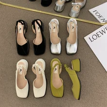 High heels womens French square head thick heel spring and autumn single shoes 2022new Mary Jane shoes sandals Baotou half drag
