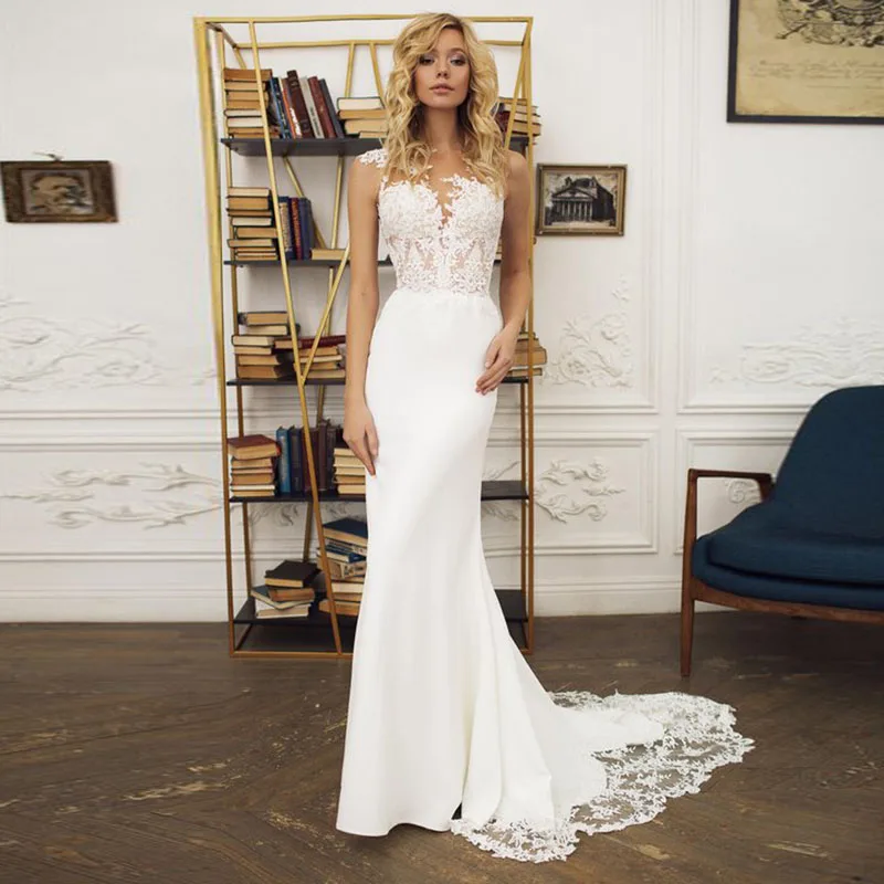 Simple Mermaid lace Decal sexy V-neck wedding dress sleeveless simple White Ivory Bridal Dress Satin across the train norvia por
Simple Mermaid lace Decal sexy V-neck wedding dress sleeveless simple White Ivory Bridal Dress Satin across the train norvia por